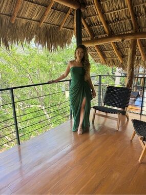 Strapless Ruched Green Maxi Dress with Side Slit